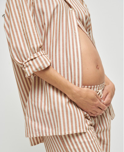 Schwangerschaftshemd aus Baumwolle mit beige Streifen Juliette