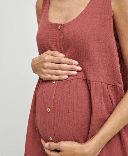 Lana Brick Red Organic Cotton Gauze Pregnancy Dress