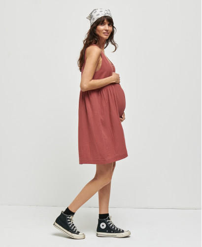 Lana Brick Red Organic Cotton Gauze Pregnancy Dress