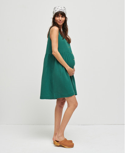 Lana Emerald Green Organic Cotton Gauze Pregnancy Dress
