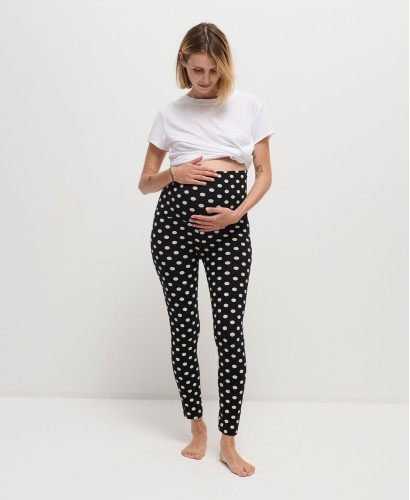 Legging Grossesse Noir Pois Ecru Coton Bio