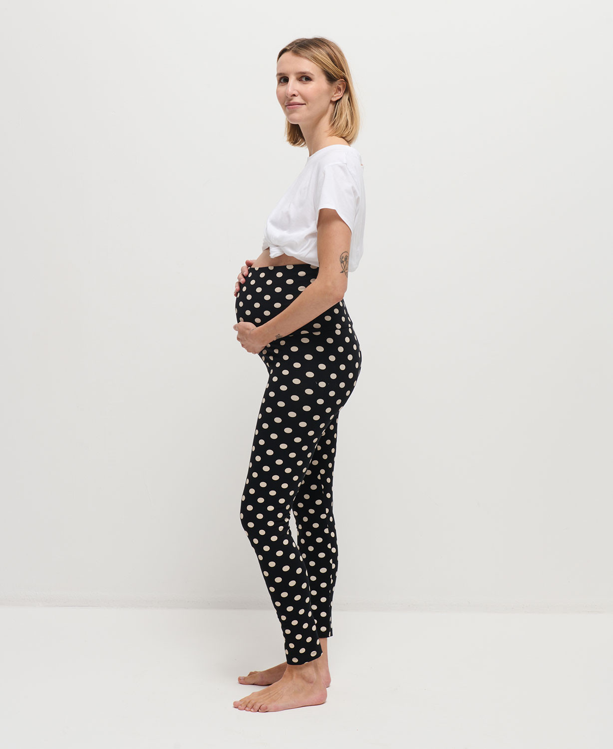 Organic Cotton Black & Ecru Polka Dots Pregnancy Leggings